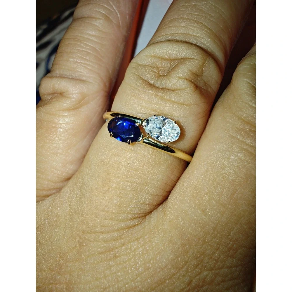 Bypass Ring 10k Yellow Gold Moissanite,Blue Stone Toi et Moi style 1.39ctw D/VVS